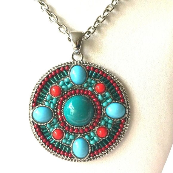Southwestern Medallion Necklace Earrings Set Pendant Turquoise Beads Silver Tone - Picture 1 of 12